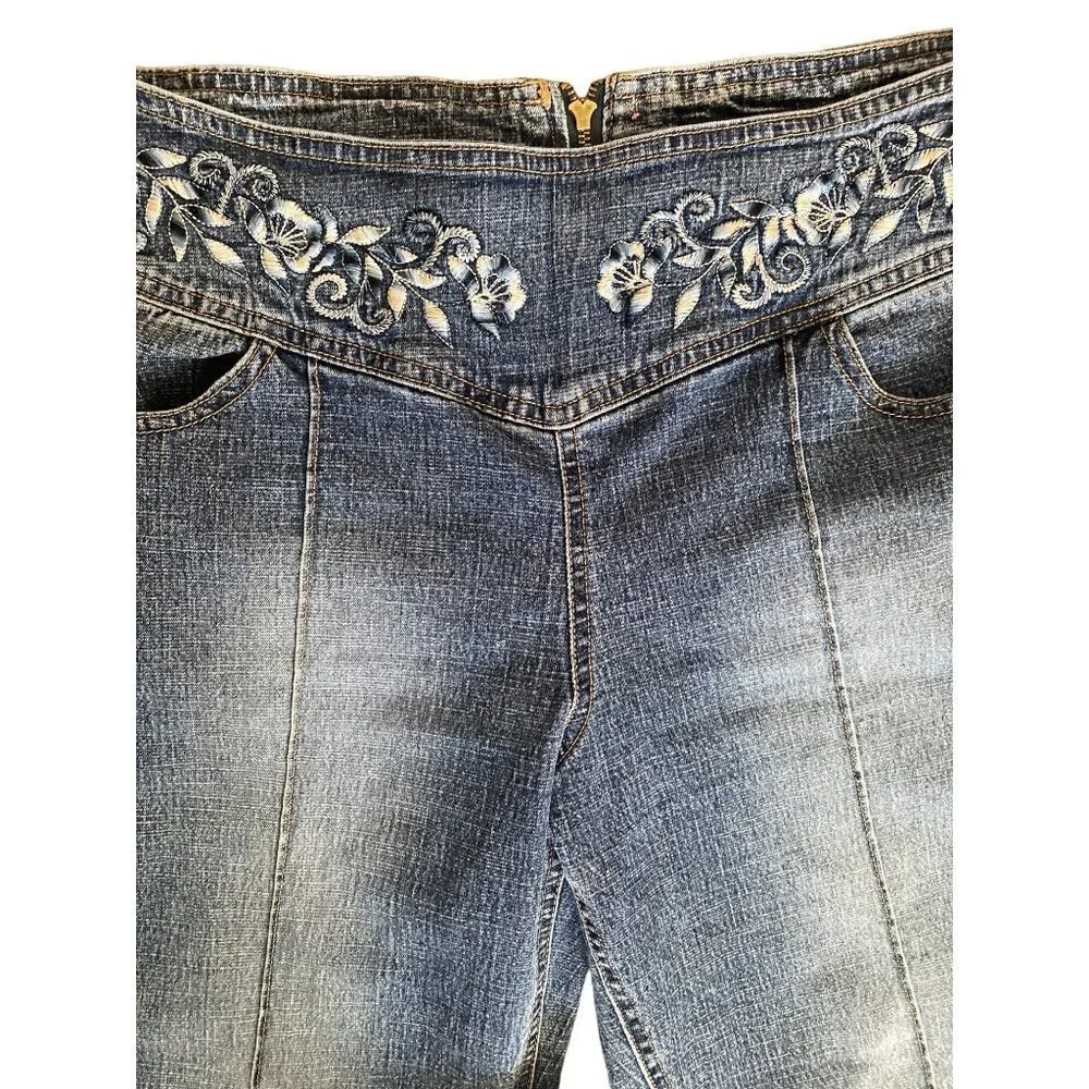 Vintage‎ Y2K Floral Embroidered Mid Waist Jeans cropped Denim Pants Women 10